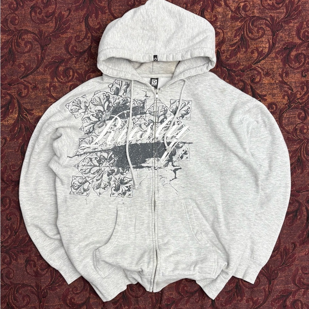Rusty Light Gray Zip-Up Hoodie with Dark Gray Graphic